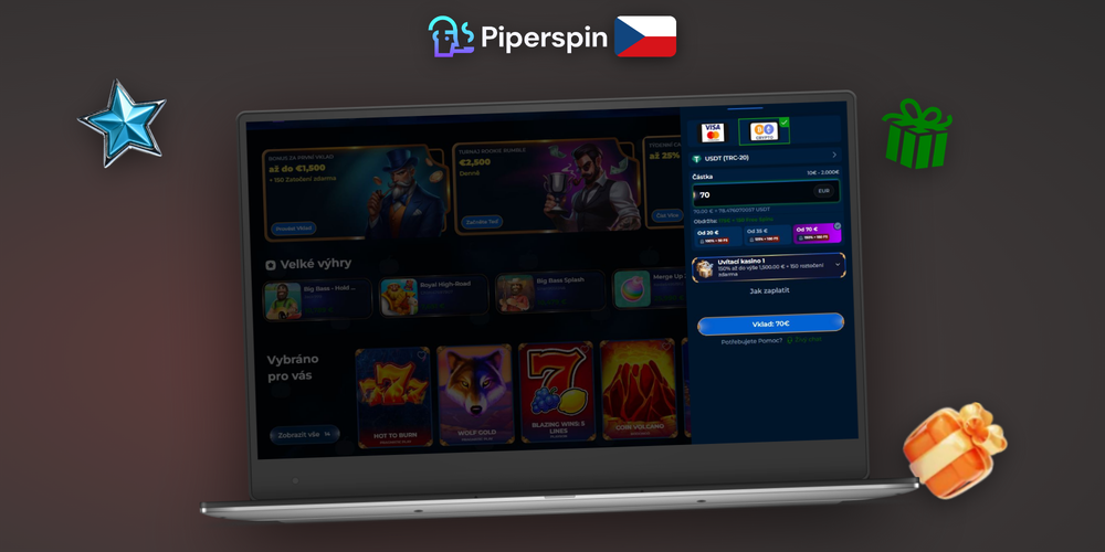 Mockup pokladny Piper Casino na notebooku a mobilu – minimální vklad a výběr metody