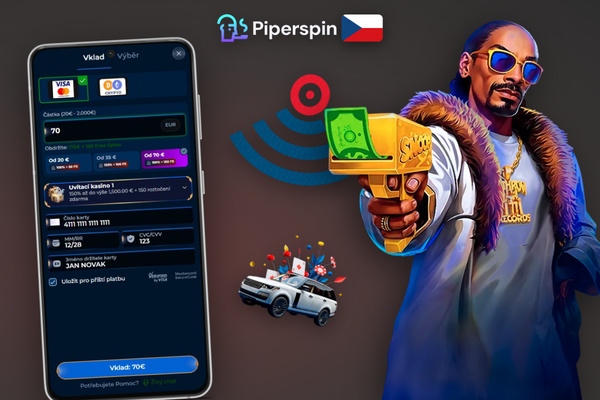 Přesýpací hodiny a mince CZK padající do digitální peněženky při výběru v Piper